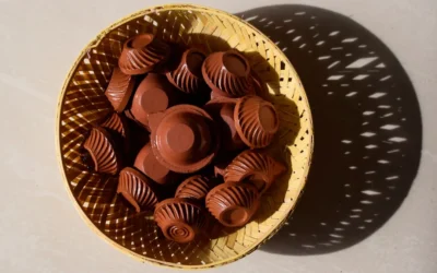 brown round chocolate on white and black polka dot ceramic bowl